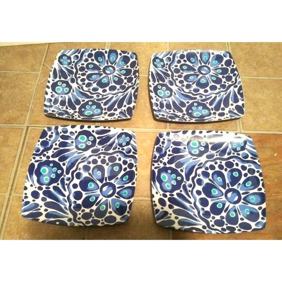 4 Melamine Dinner/appetizer Plates SQUARE blue white delft floral GORGEOUS EUC - Picture 3 of 7